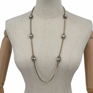 Ann Taylor Long Necklace Gold Tone Box Chain and Clear Rhinestone Statement